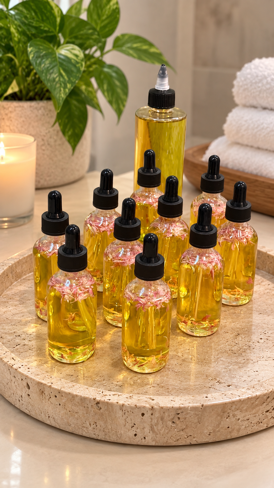 Professional squeeze bottle and retail dropper bottles of botanical oil in a spa setting