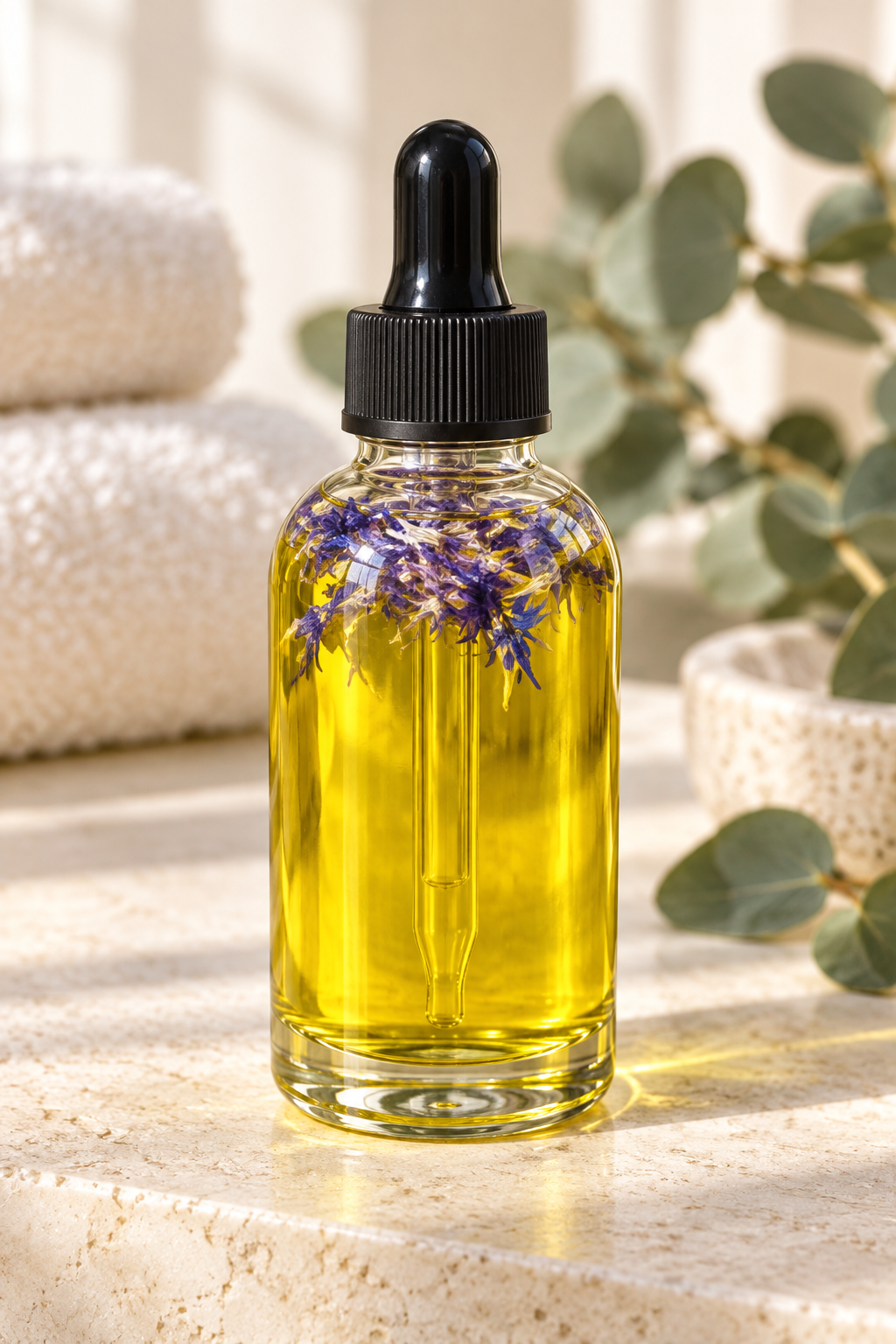 Botanical Intimate Oil with purple flowers in a spa setting