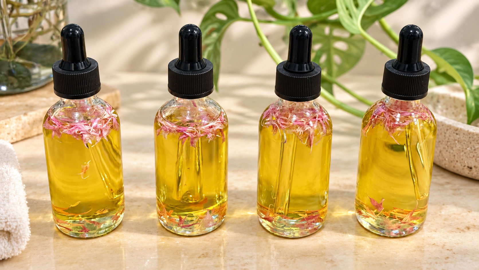 Four botanical oil bottles with pink flowers on a sunlit stone surface with green plants