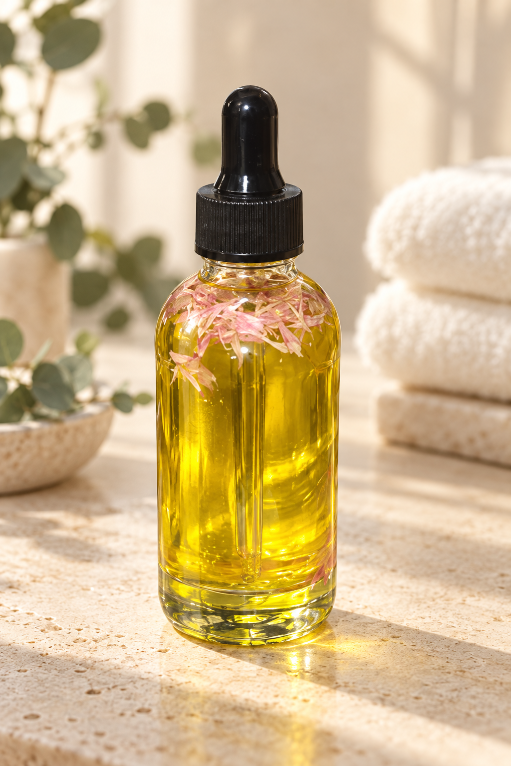 Signature Botanical Intimate Oil with pink flowers in a spa setting