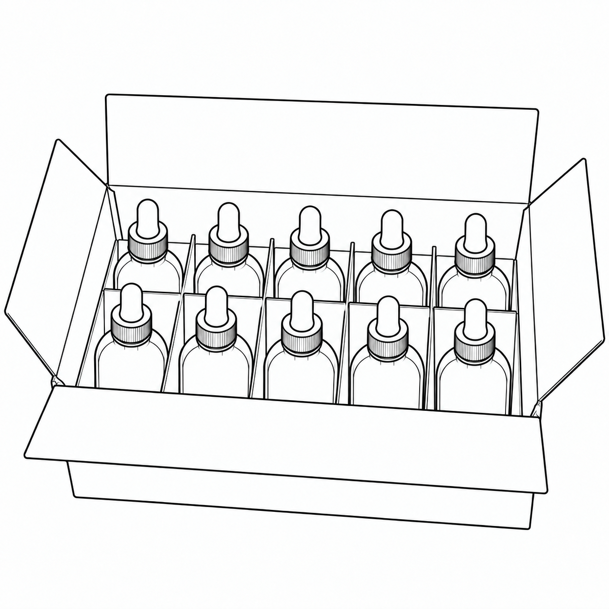Black outline drawing of ten empty dropper bottles in an open wholesale shipping box